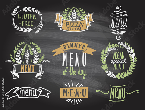 Chalkboard menu headlines, emblems or logos, handwriting lettering graphic with wheat ears and ribbons