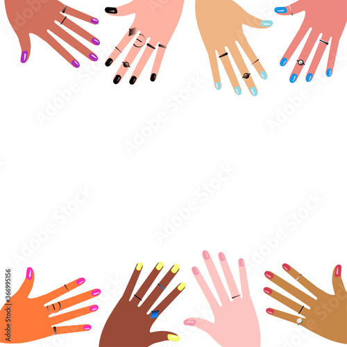 Frame with hands showing manicure and nail care. Vector illustration.