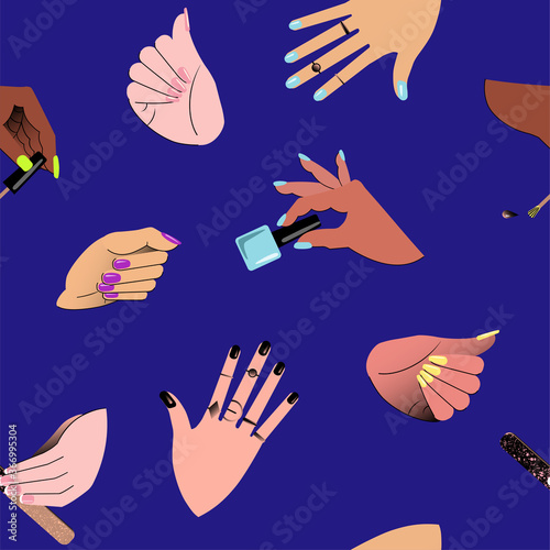 Seamless pattern with hands showing manicure and nail care on blue background. Vector illustration.