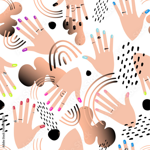 Seamless pattern with hands showing manicure and abstract spots. Vector illustration.