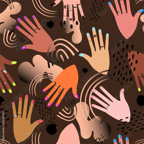 Seamless pattern with hands showing manicure and nail care abstract spots on brown background. Vector illustration.