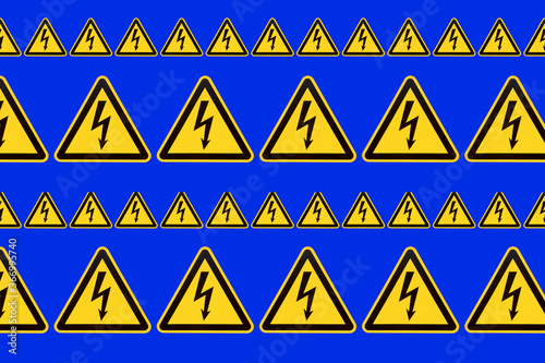 High voltage hazard sign. Yellow triangular mesh with a zipper in the center on a blue background.