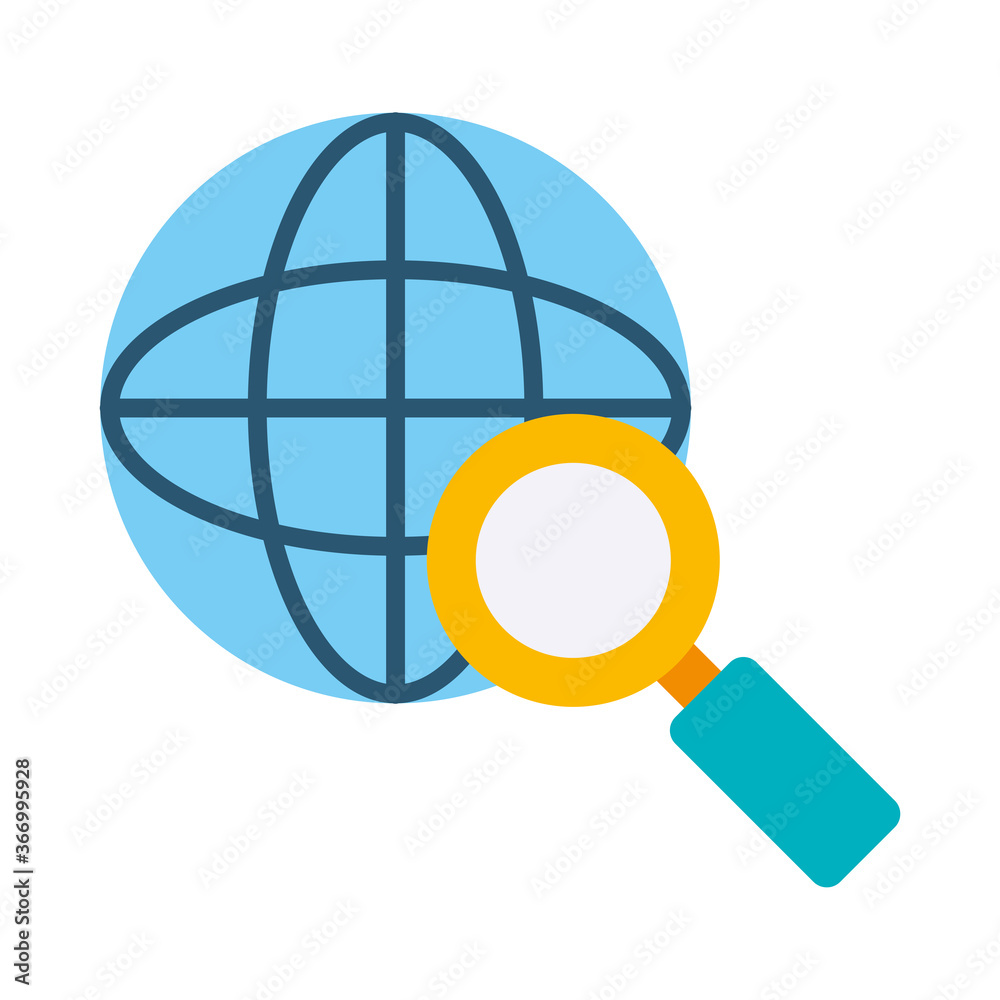 global sphere with magnifying glass icon, flat style