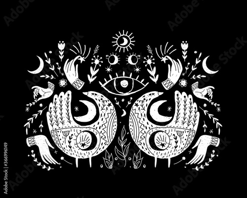 Modern bohemian style, folk tribal art in the Scandinavian style. Folk mythology, Swedish folklore. animals and plants.