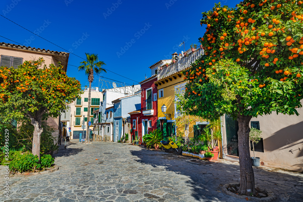 Spain, Palma de Mallorca, view of colorful houses in city center