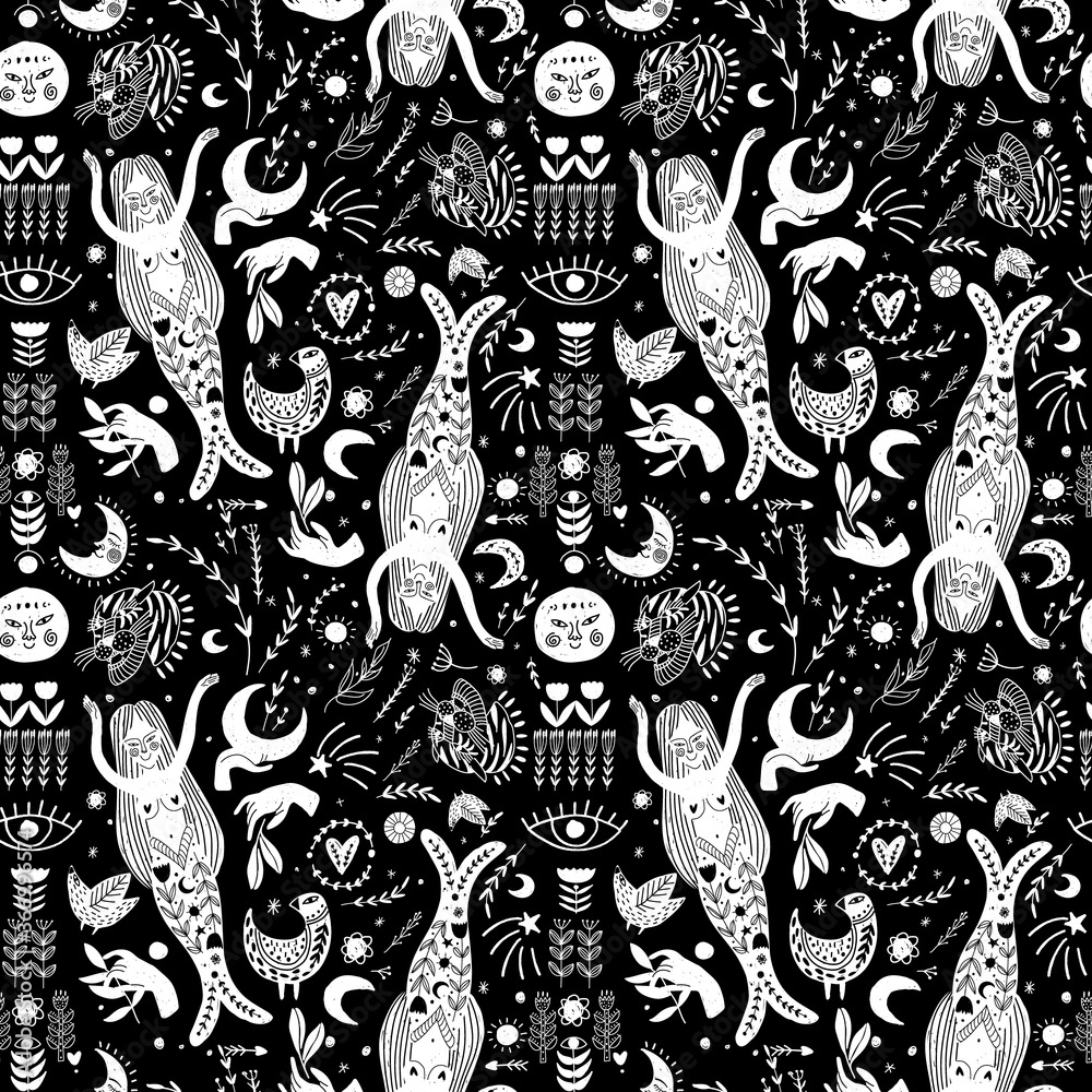 Naklejka premium Modern bohemian style, folk tribal art in the Scandinavian style. Folk mythology, Swedish folklore. animals and plants.