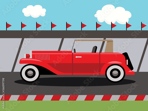 red old-timer or old timer car on race track, vector illustration  photo