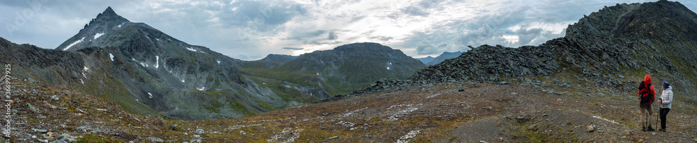 Amazing mountain landscape with colorful sky. Travel and hiking concept. Mountain landscape Subpolar Ural panorama.