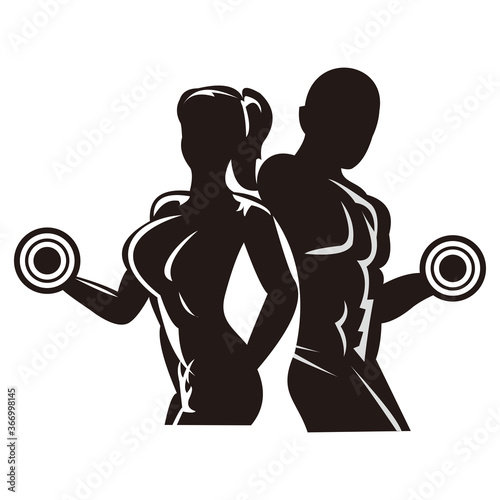 Fitness club logo or emblem with woman and man silhouettes. Woman and Man holds dumbbells