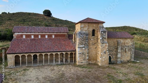 Aerial Monastery of San Miguel de Escalada in Leon, Spain. Historical architecture, a mix of cultures and ages. Cultural heritage. 
