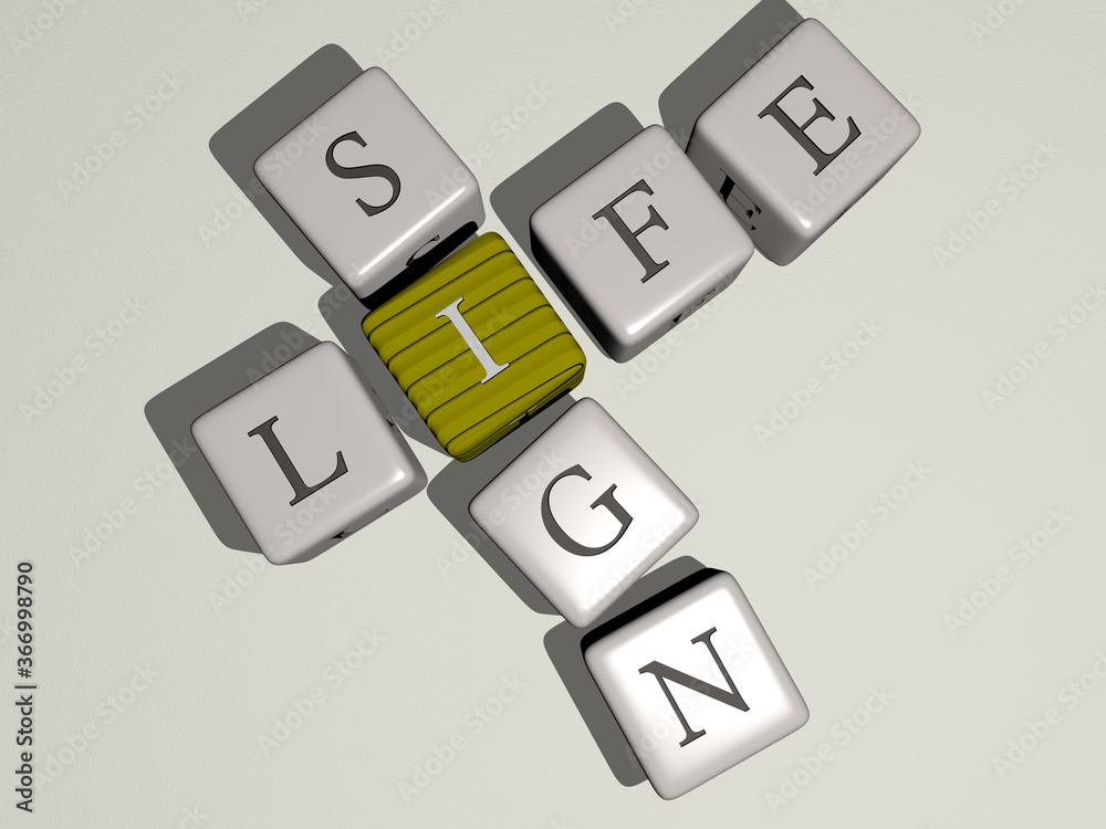 crosswords of LIFE SIGN arranged by cubic letters on a mirror floor, concept meaning and presentation. background and illustration