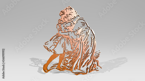 GIRL made by 3D illustration of a shiny metallic sculpture with the shadow on light background. beautiful and woman photo