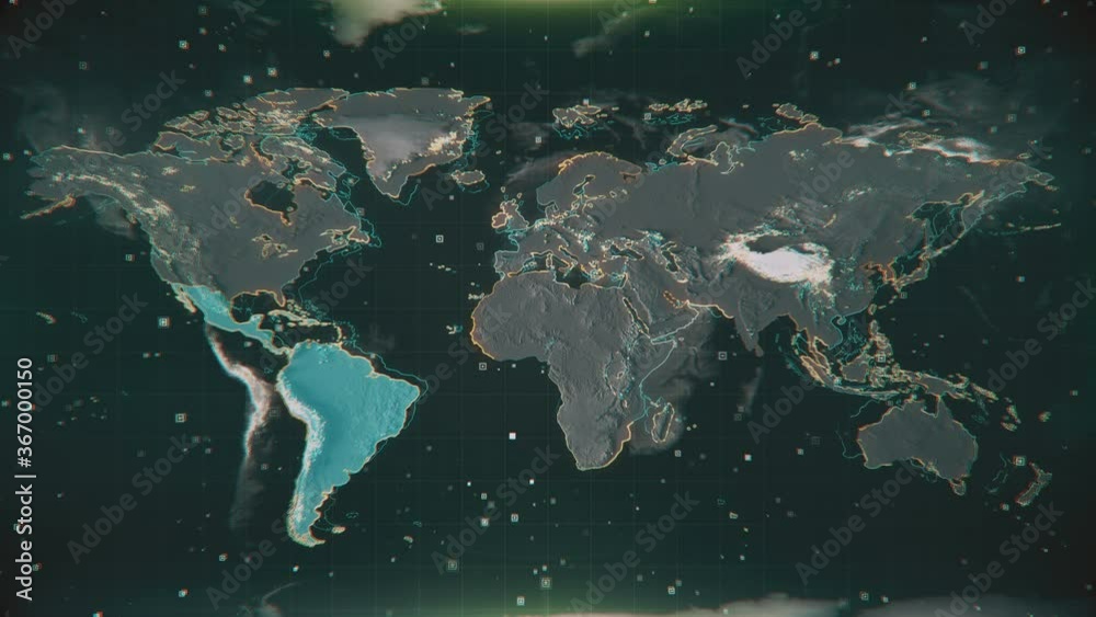 Scanning a Textured Illuminated Latin America Map. Glowing Latin America on textured Earth map with highlighted contours and visual hud elements. Technological futuristic space view of the World map.