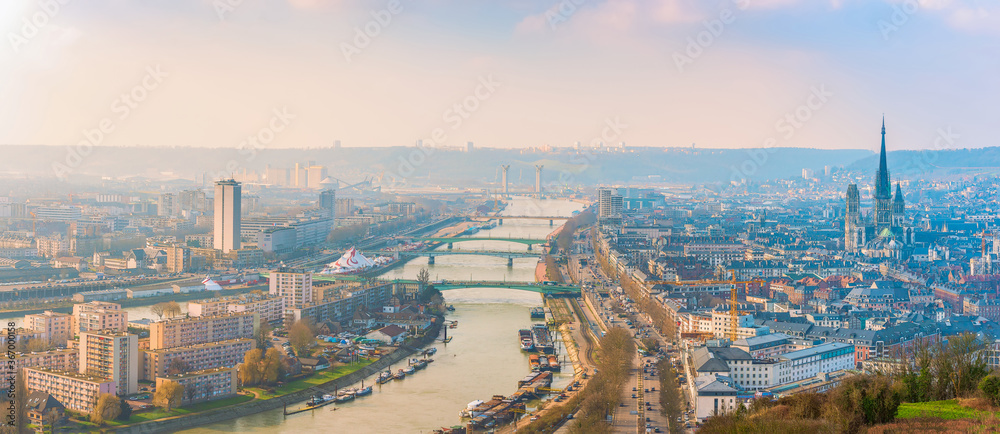 Panoramic aerial view of Rouen and Seine River.Normandy.France - obrazy, fototapety, plakaty 