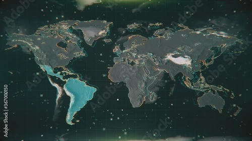 Scanning a Textured Illuminated Latin America Map. Glowing Latin America on textured Earth map with highlighted contours and visual hud elements. Technological futuristic space view of the World map.
