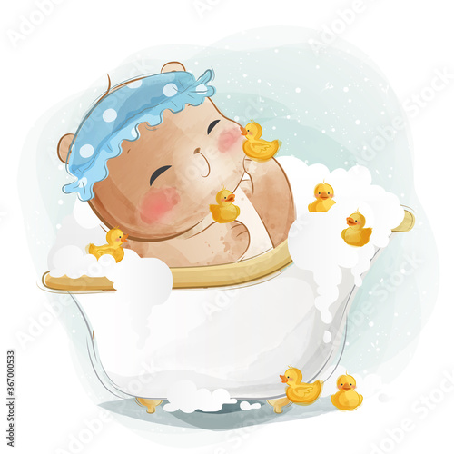 Little Bear in Bath Tub with Little Ducks