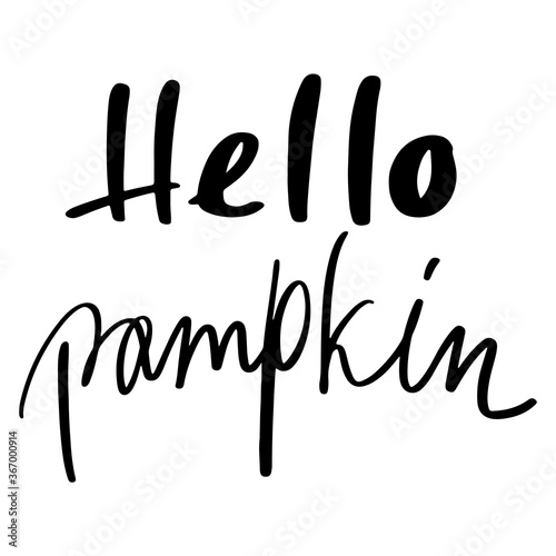Cute kawaii hand lettering hello pumpkin. Contour doodle sketch digital art. Postcard print, banner, invitation, sticker, fabric, packaging, autumn holiday, social media post, highlights