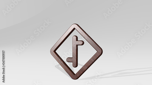 ROAD SIGN TURN casting shadow with two lights. 3D illustration of metallic sculpture over a white background with mild texture. city and car