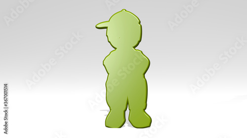 small boy standing stand with shadow. 3D illustration of metallic sculpture over a white background with mild texture. beautiful and blue photo