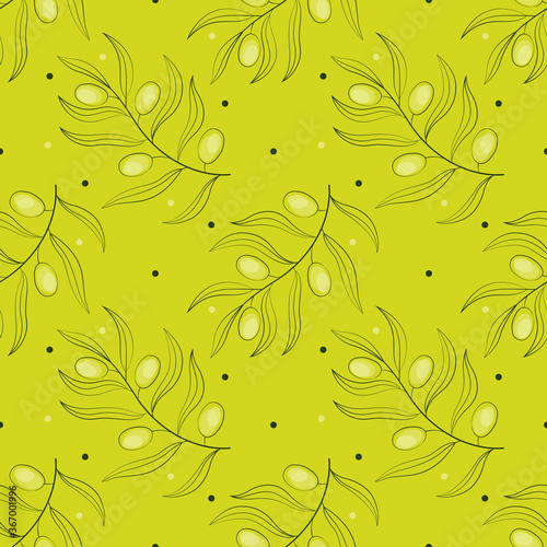 Branches of olives on a green background. Seamless background, design for fashion, interior or textile. Vector, illustration