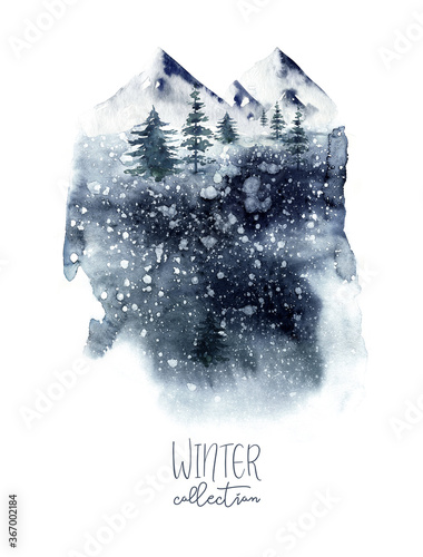 Watercolor winter forest. Christmas tree landscape with Pine Trees fir in the Mountains. Hand painted Isolated on white Background. Snow holiday design