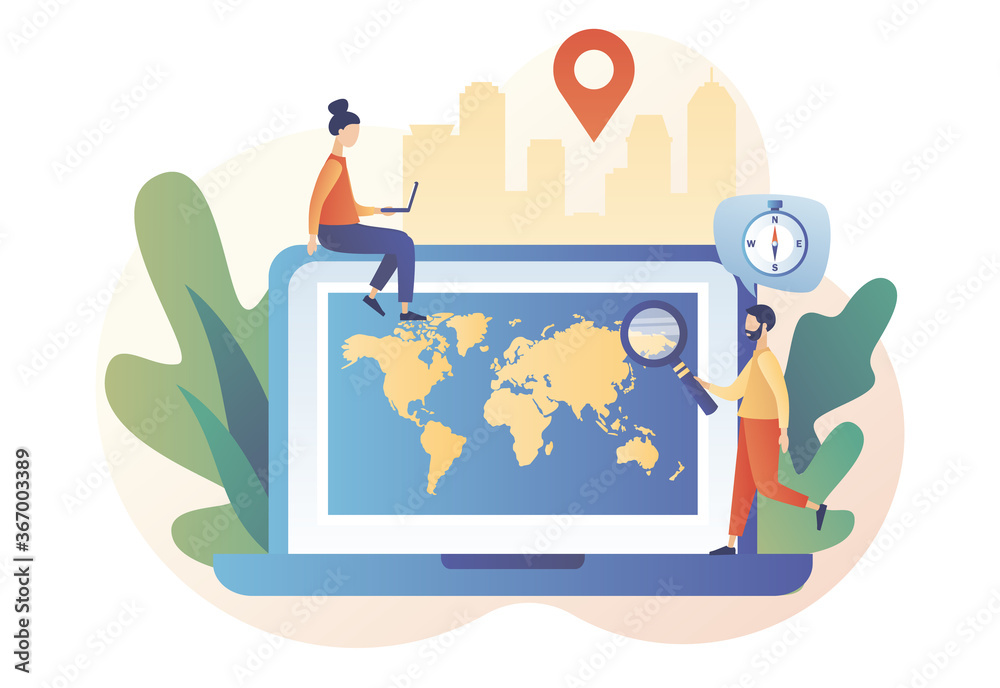 World map. Tiny people study atlas Earth on laptop screen. Geography concept. Globalisation. Modern flat cartoon style. Vector illustration on white background World map. Tiny people study atlas Earth on laptop screen. Geography concept. Globalisation. Modern flat cartoon style. Vector illustration on white background