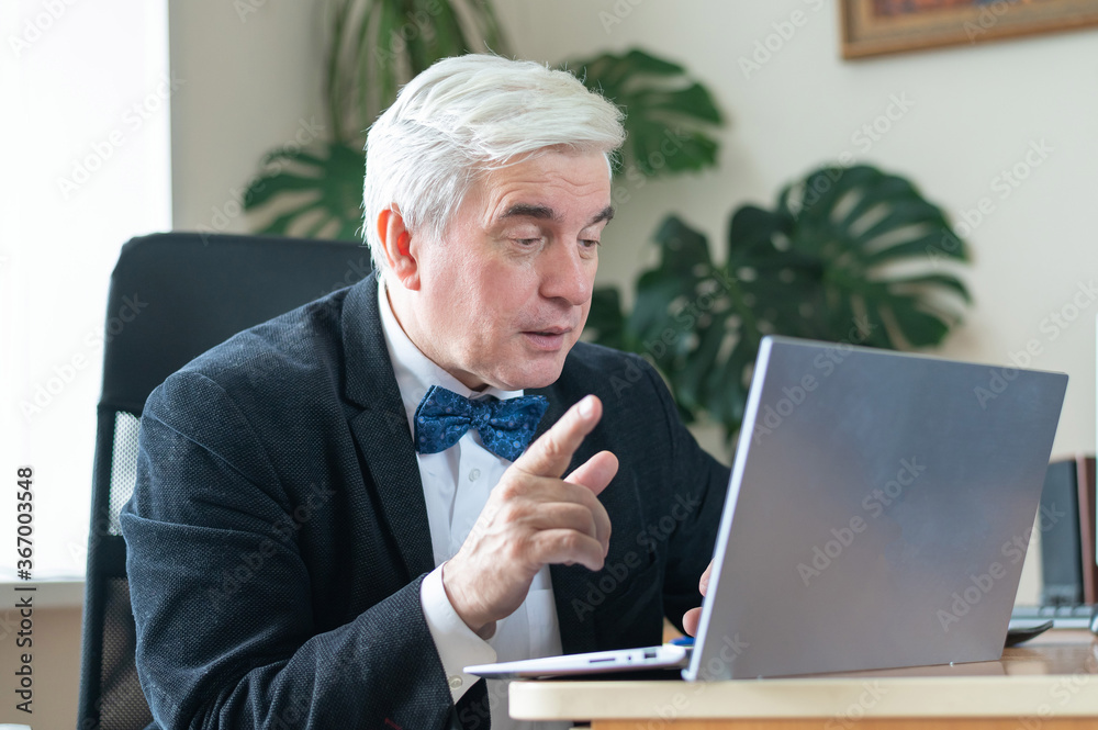 Attractive mature man in a suit and a bow tie communicates on a laptop webcam. Confident gray-haired male boss is hosting an online conference. Business man is conducting remote negotiations. Attractive mature man in a suit and a bow tie communicates on a laptop webcam. Confident gray-haired male boss is hosting an online conference. Business man is conducting remote negotiations.