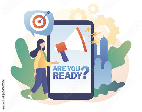 Are you ready? text and megaphone on smartphone screen. Tiny girl that ready for opening or event use mobile app. Modern flat cartoon style. Vector illustration on white background
