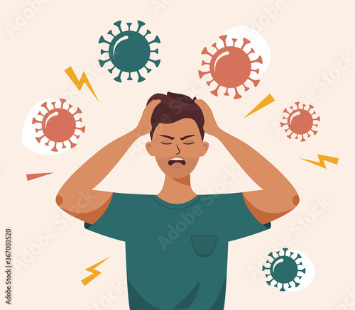 Flat vector illustration of a man with open mouth, clutches at head with both hands. Covid 19 causes headache, panic, depression. Stress, irritation from coronavirus, badmood