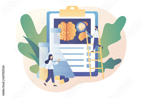 Head Tomography. Neurology science and brain research concept. Tiny people study human brain and psychology in laboratory. Modern flat cartoon style. Vector illustration on white background
