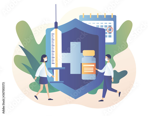Time to vaccinate. Vaccination concept. Tiny people doctors with vaccine, syringe, bottle, big sign of protection and calendar. Modern flat cartoon style. Vector illustration on white background