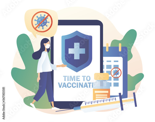 Vaccination concept. Tiny girl doctor with vaccine, syringe, bottle and calendar. Time to vaccinate reminders in the smartphone app. Modern flat cartoon style. Vector illustration on white background