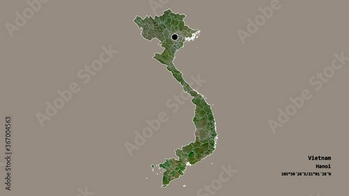 Đồng Nai, province of Vietnam, with its capital, localized, outlined and zoomed with informative overlays on a satellite map in the Stereographic projection. Animation 3D photo