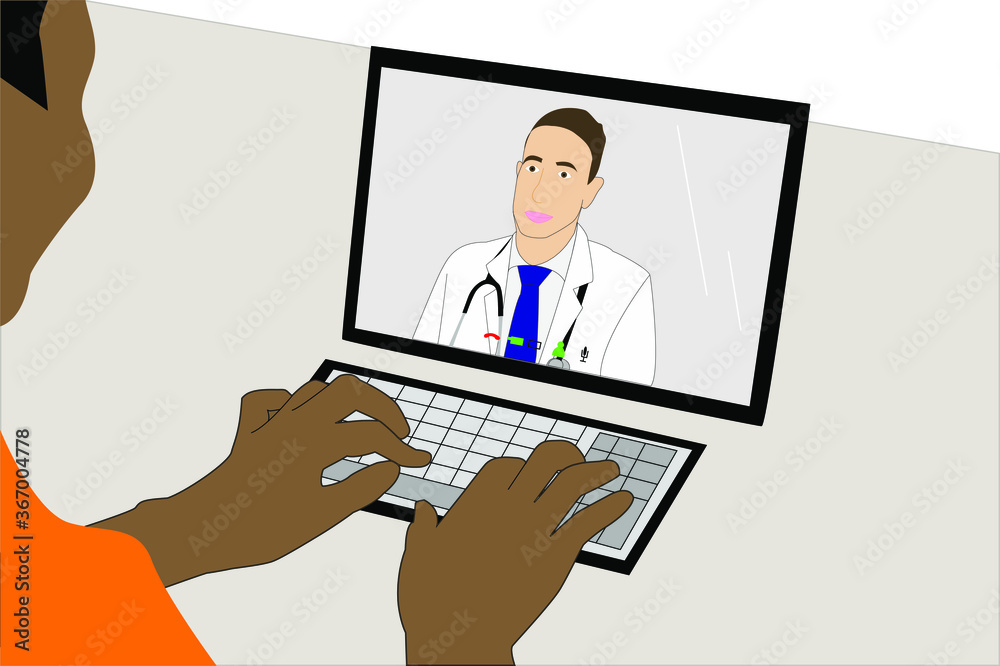 
Hombre sentado frente a la computadora portátil, haciendo una consulta médica en línea con su médico, desde la comodidad de su hogar y siguiendo las sugerencias de atención contra el Covid-19