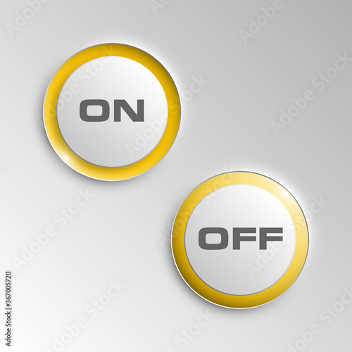 web round button with on off text for website or app. Isolated bell sign with border, reflection and shadow on background.