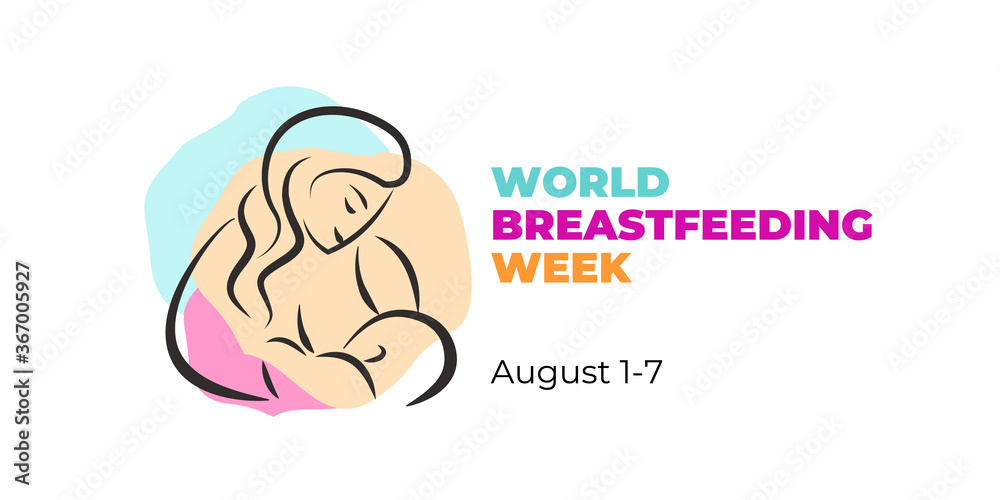 World Breastfeeding Week. Observed from August 1-7. Vector banner, poster, card for social networks and media. Logo of a mother nursing a baby. Pastel color. Support for Breastfeeding concept. - obrazy, fototapety, plakaty 