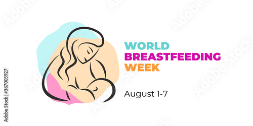 World Breastfeeding Week. Observed from August 1-7. Vector banner, poster, card for social networks and media. Logo of a mother nursing a baby. Pastel color. Support for Breastfeeding concept.