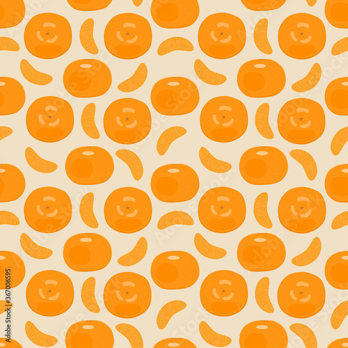 Fototapeta Naklejka Na Ścianę i Meble -  Tangerine and tangerine slices. Seamless vector pattern for design, Wallpaper, packaging, and decoration.