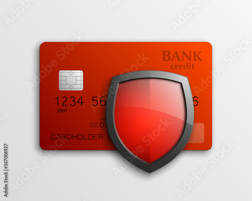 Protection shield Credit card. Safety badge banking icon. Defense safeguard finans icon. Security Plastic card software. Debit card guard electromagnetic chip. Privacy Electronic money funds transfer.
