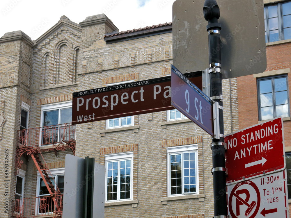 Sign boards on Brooklyn street, NY, USA.