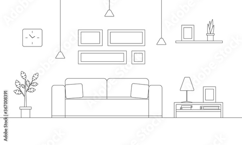 Living room interior in line style design. Outline sketch sofa, vase, table, lamp