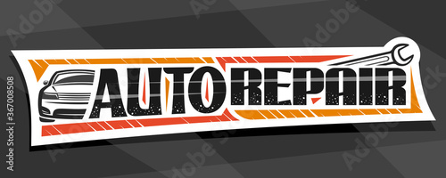 Vector banner for Auto Repair, decorative cut paper sign board with simple outline vehicle and metal wrench, badge with unique lettering for words auto repair on gray abstract background.