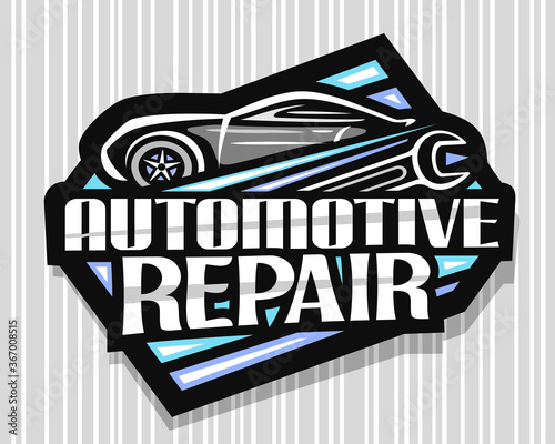 Vector logo for Automotive Repair, dark decorative sign board with simple outline vehicle and black wrench, badge with unique lettering for words automotive repair on gray striped background.
