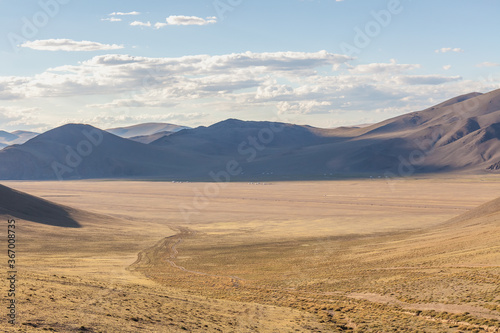 Mongolia landscape with nomad yurts, Mongolian Altai