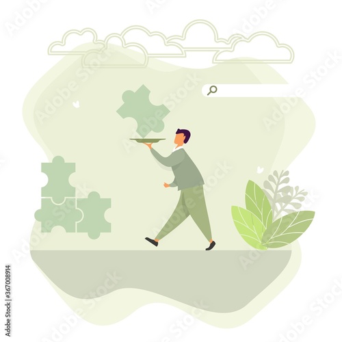Flat waiter man puzzle landing, great garcon design for any purposes. Successful business man working. Communication, connection concept. Corporate business puzzle concept. Successful business team