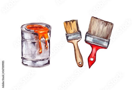 Fototapeta Naklejka Na Ścianę i Meble -  Watercolor illustration.repair of apartments and houses, a coat of paint and brushes for coloring the surface. Isolated on a white background.