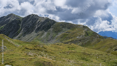 View of the Carnic Alps ridge as seen from the high Carnic Peace Trail along the long distance Carnic Highroute trek in Austria and Italy.