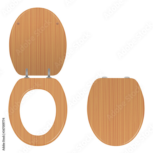 Toilet seat. Wooden lid lifted up and down, open and closed. Isolated vector illustration on white background.
