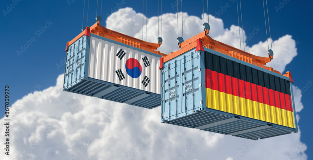 Freight containers with German and South Korea flag. 3D Rendering 
