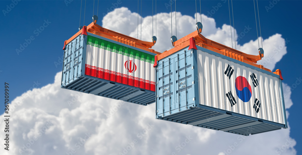 Freight containers with Iran and South Korea flag. 3D Rendering 